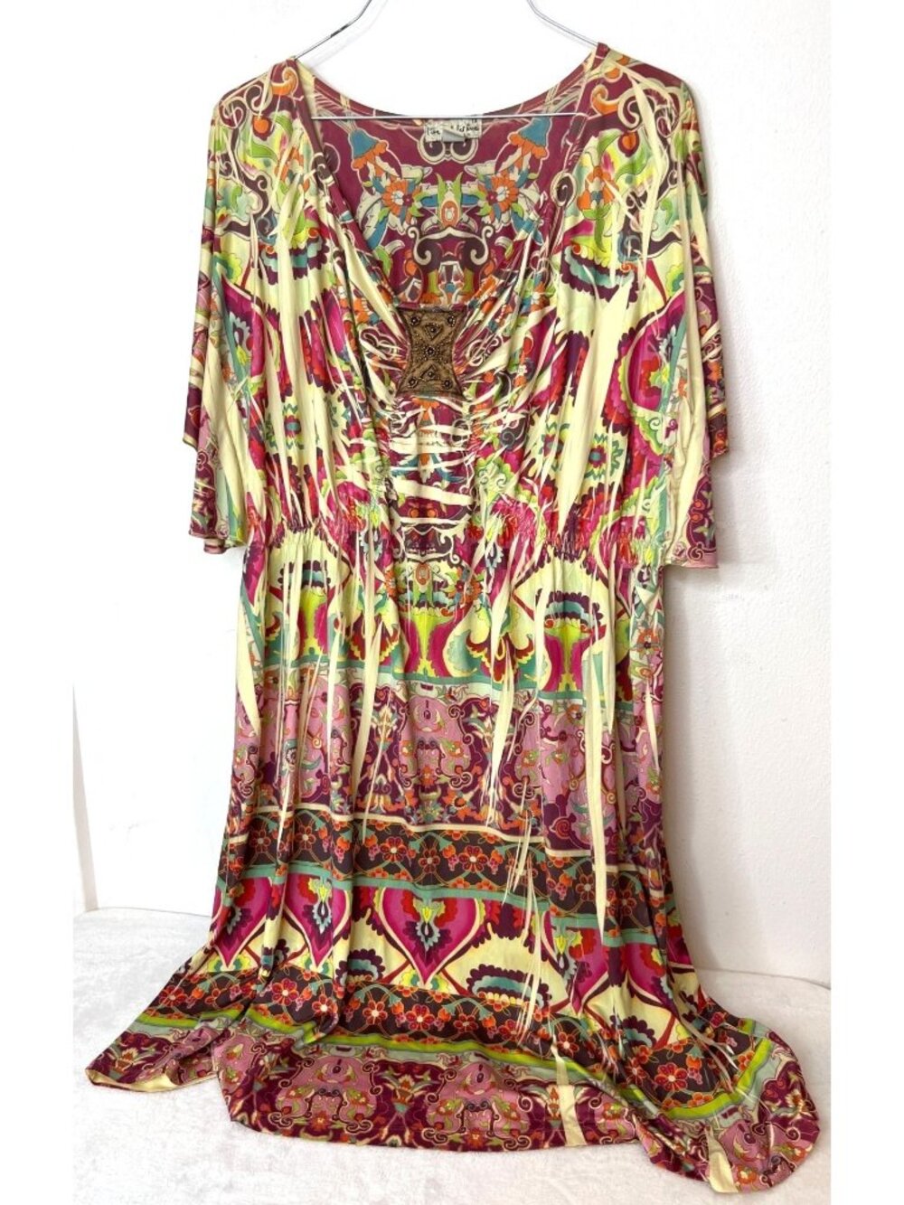 One World Dress 1X Art To Wear Boho Midi Beaded Detail V-Neck Baroque Medallion